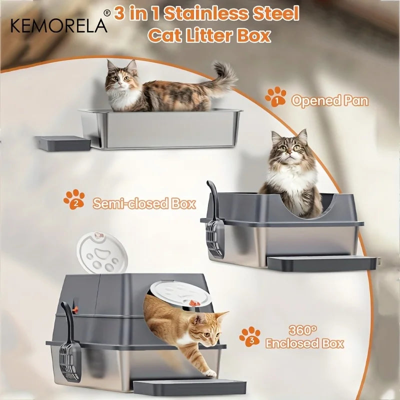 MyPetStop™ CleanZone Cat Litter Box - 3 in 1 Smart Design Stainless Steel Anti Odour & Mess Proof