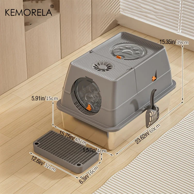 MyPetStop™ CleanZone Cat Litter Box - 3 in 1 Smart Design Stainless Steel Anti Odour & Mess Proof